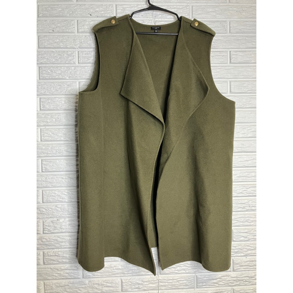 Talbots Vest Women 3X Olive Green Excellent Wool Blend Draped Open Front Pocket